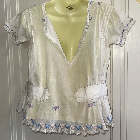 Antique/vintage homemade thin white‎ cotton lawn embroidered short sleeve blouse - Picture 8 of 12
